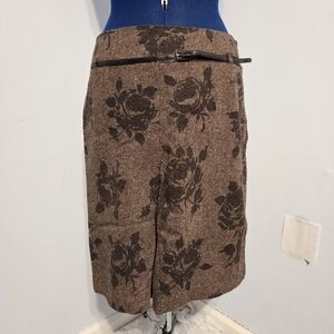 Vintage Brown Floral Wool Midi Skirt Size 8
